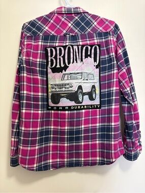 Women’s Large Pink & Navy Plaid Bronco Patchwork Flannel Shirt
